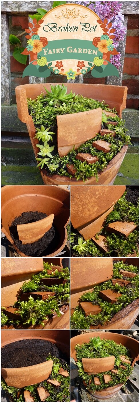 Fairy garden from broken clay pot