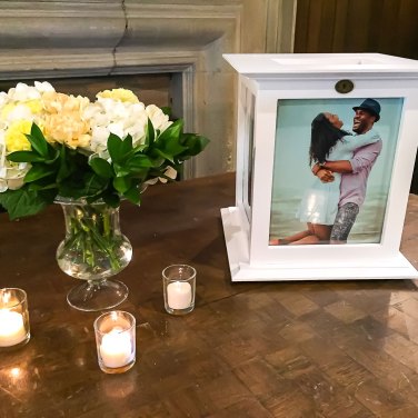 Yellow and white floral bouquet with gift box at Toronto Wedding