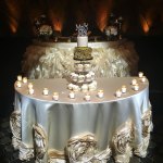 Wedding cake and cupcake on display