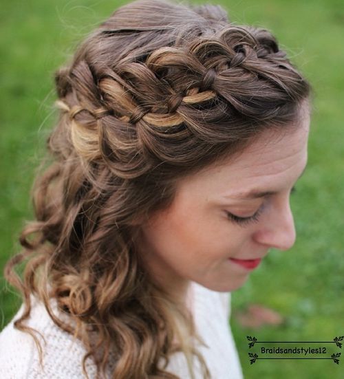 half updo with a four-strand headband braid