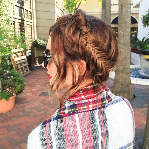 updo with messy fishtail braid