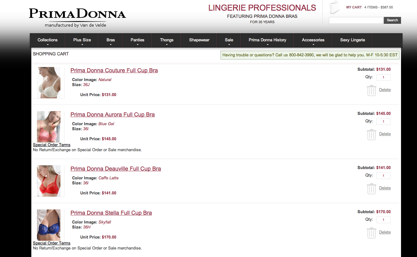 Prima Donna Shopping Shopping Cart. Screenshot from http://www.prima-donna-bras.com.