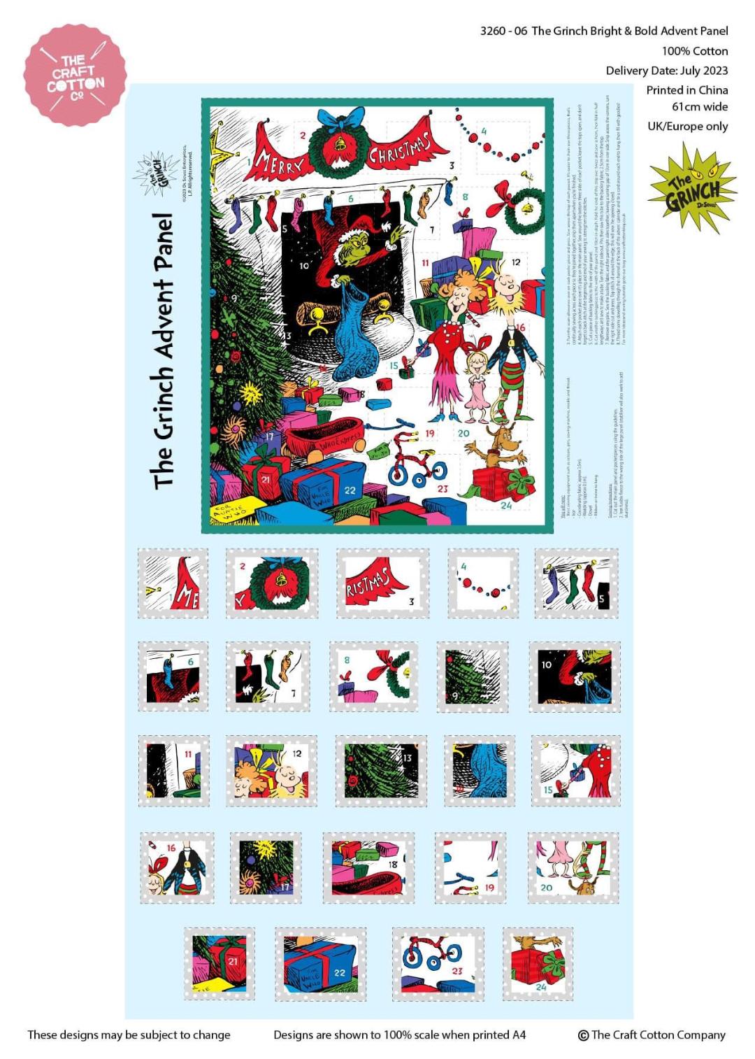 The Grinch Advent Calendar Panel Bright and Bold Remnant House Fabric
