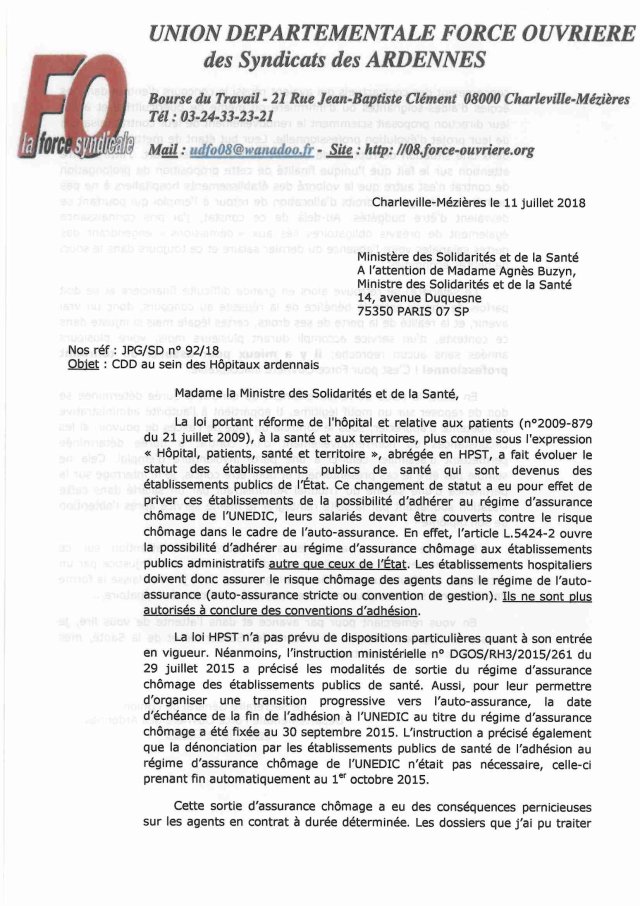 Lettre à l’attention de Madame Agnès Buzyn, ministre des Solidarités et de la Santé Union