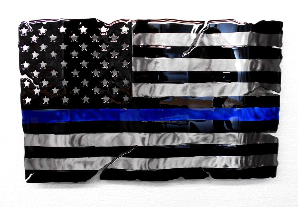 Tattered Thin Blue Line Fluid Metal Sign