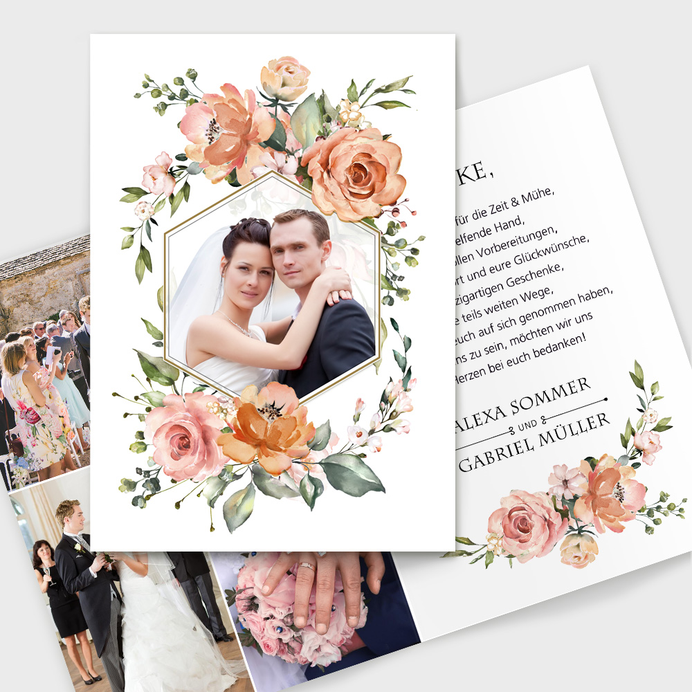 Dankeskarten Hochzeit Rosen aprikot, mit Fotooptimierung 1001karte.de