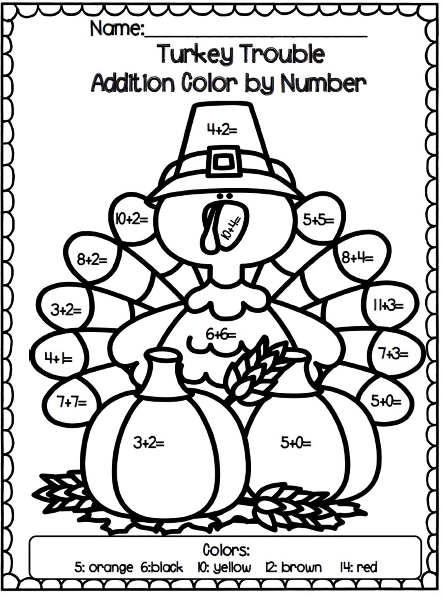Printable Thanksgiving Color by Number Addition | 101 Activity