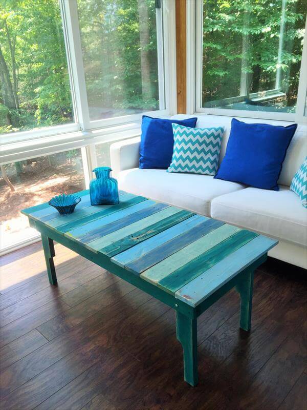 DIY Turquoise Painted Pallet Coffee Table 101 Pallets