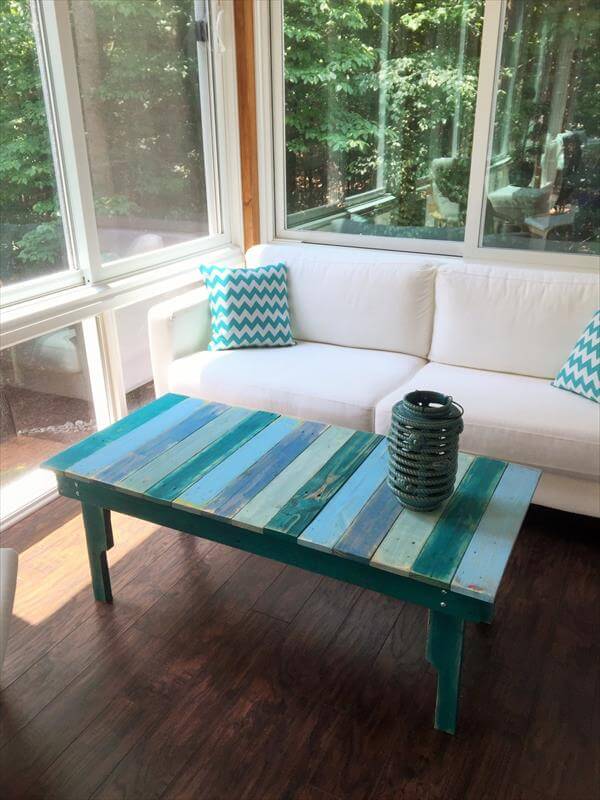 DIY Turquoise Painted Pallet Coffee Table 101 Pallets