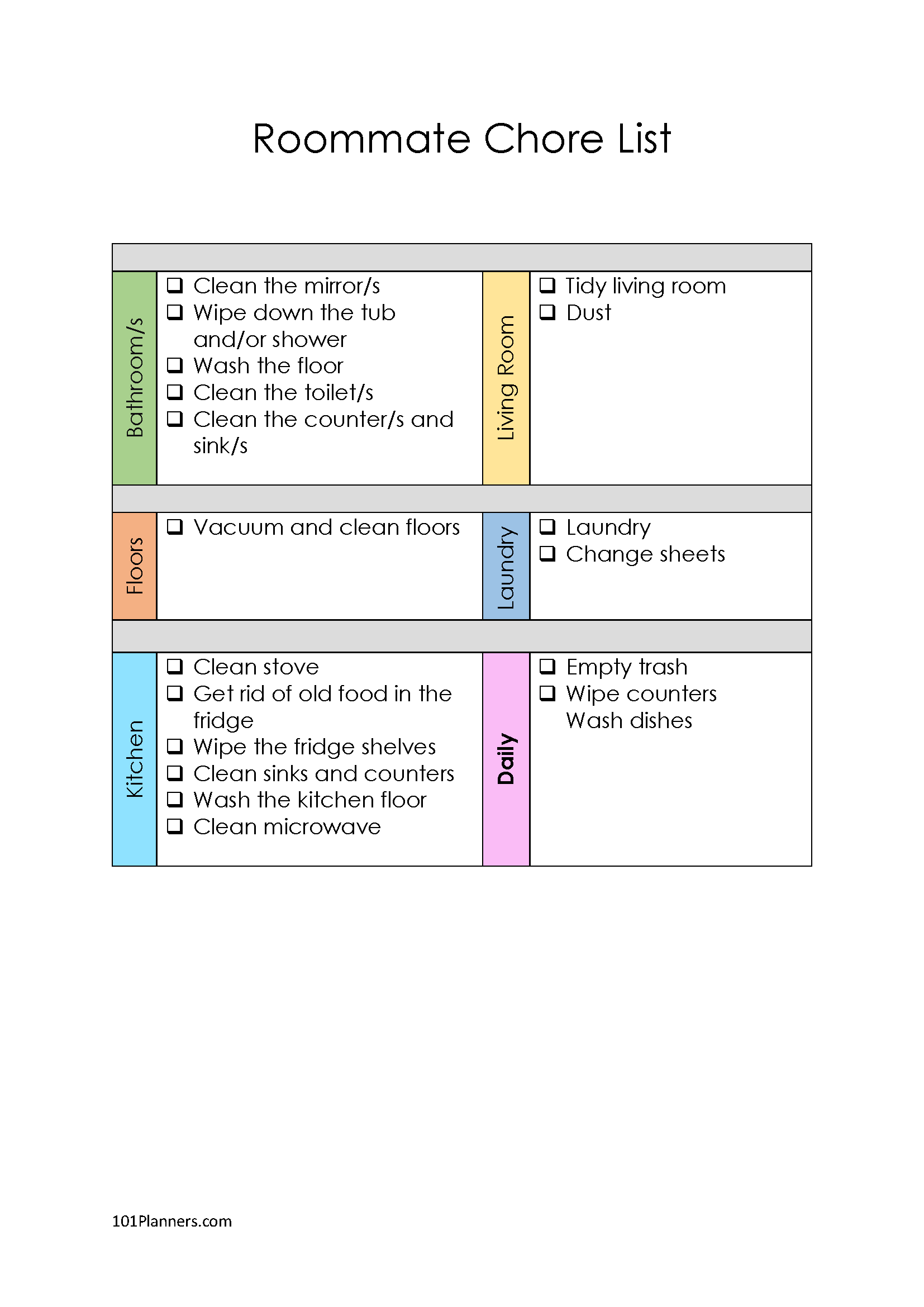 FREE Printable and Editable Roommate Chore Chart Templates