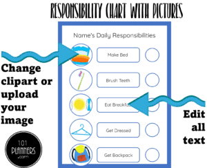 Free printable and Editable Responsibility Chart for Kids