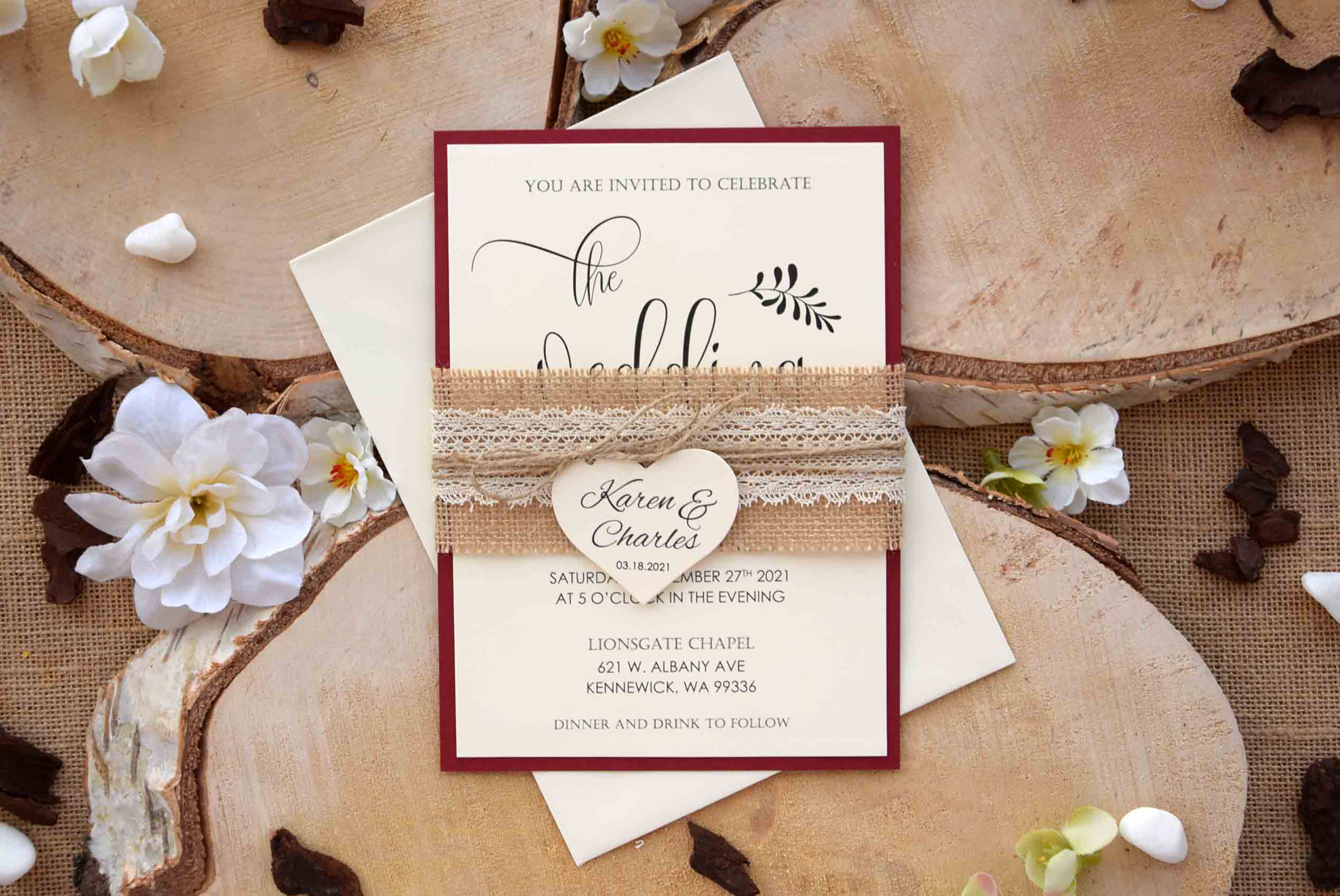Rustic Fall Wedding Invitations, Burgundy Fall Wedding Invitations