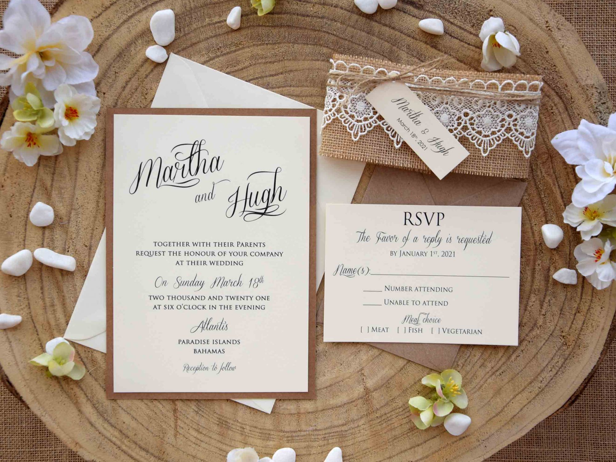 Burlap and Lace Wedding Invitations Kit, Personalized Wedding Invitations