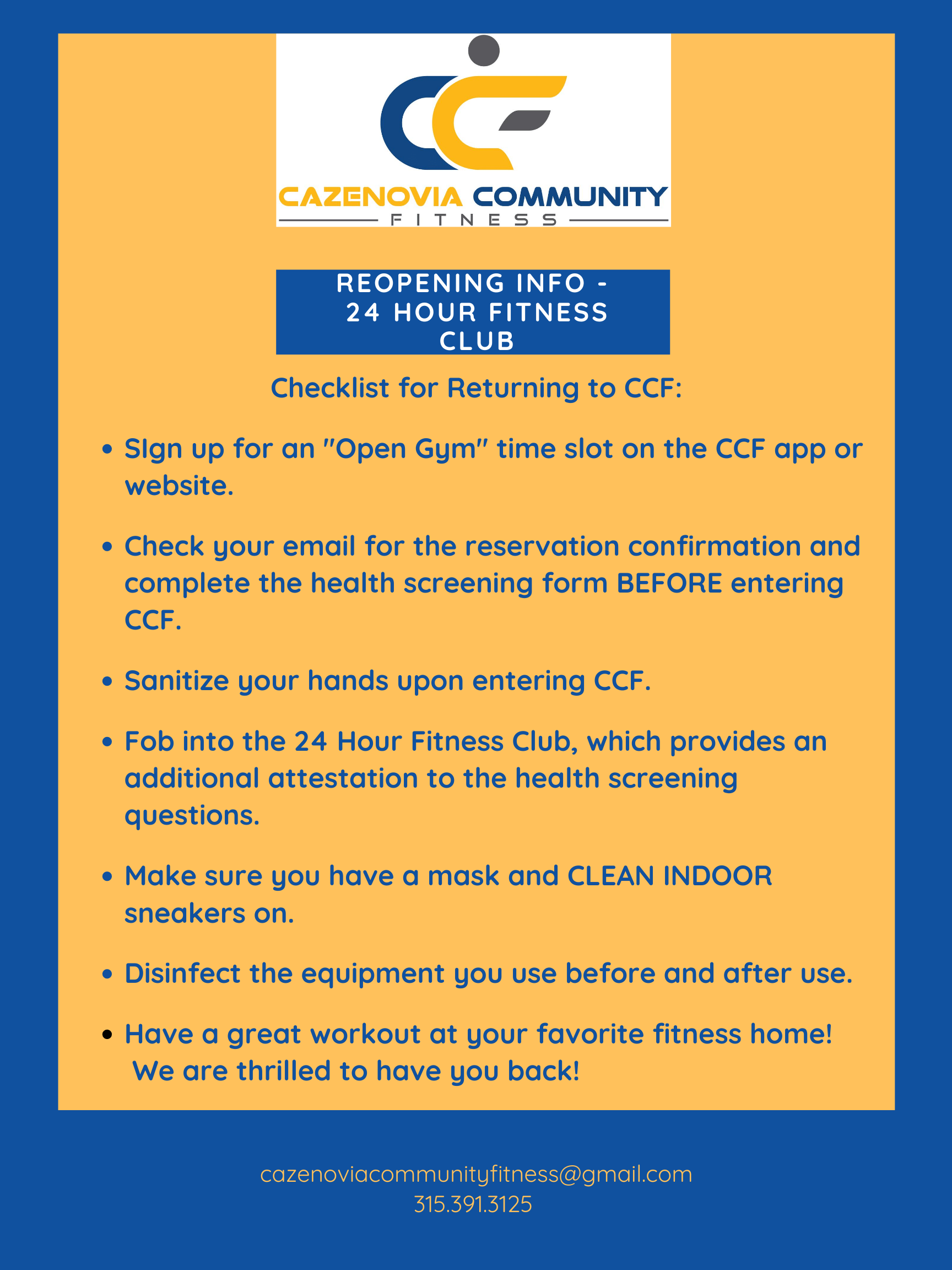 Reopening Gym Cazenovia Community Fitness