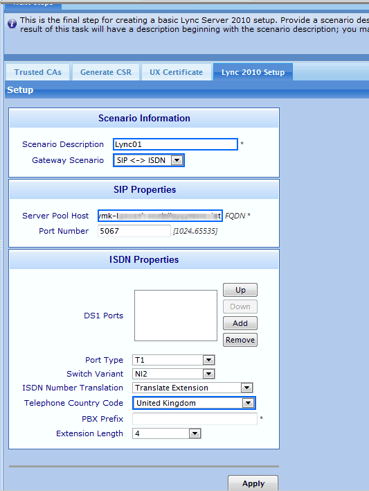 Walkthrough of NET UX1000 Survivable Branch Appliance setup for Lync
