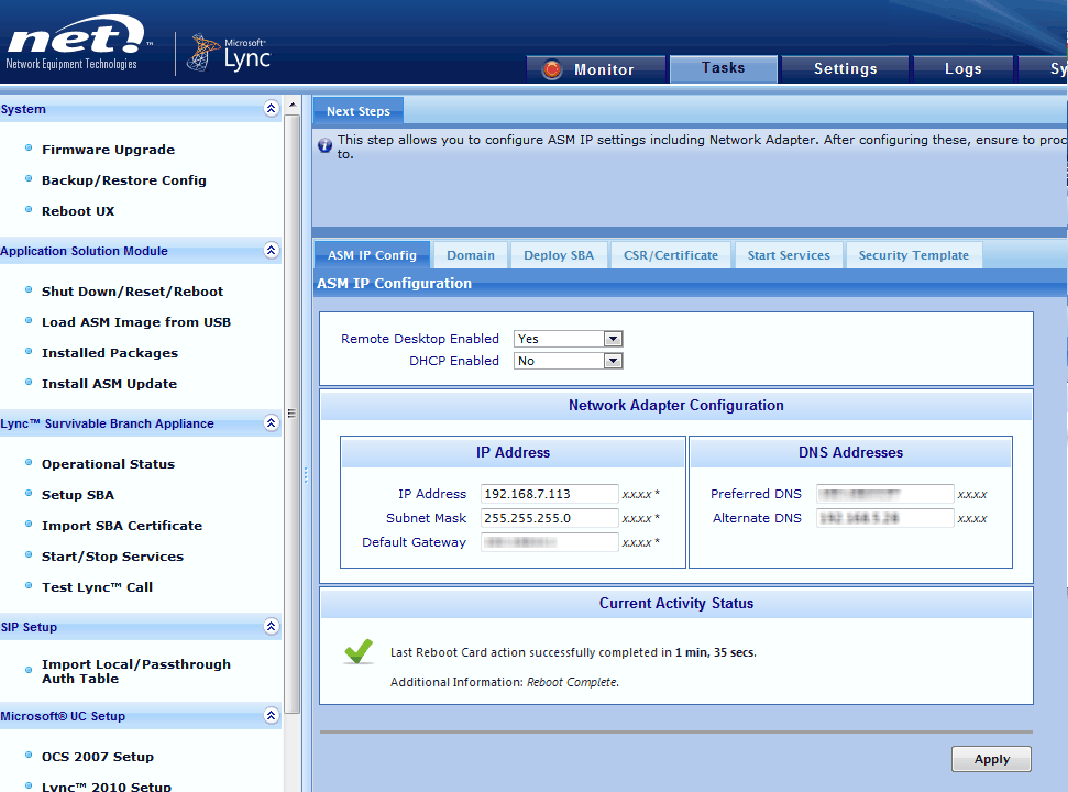 Walkthrough of NET UX1000 Survivable Branch Appliance setup for Lync