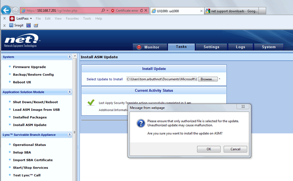 Walkthrough of NET UX1000 Survivable Branch Appliance setup for Lync