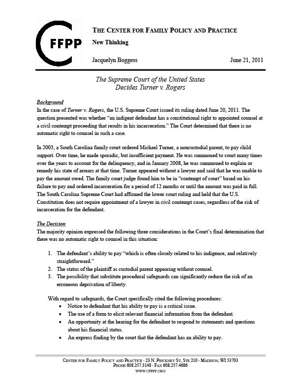 The Supreme Court of the United States Decides Turner v. Rogers CFFPP