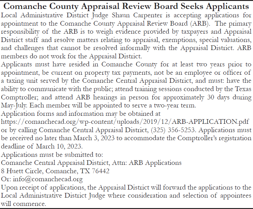 ARB Application Ad 2/23 & 3/2/2023 Comanche CAD Official Site