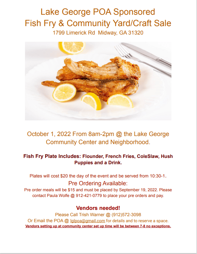 Lake POA Sponsored Fish Fry & Community Yard Sale Liberty County