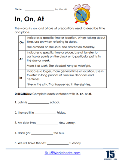 In, On, At Worksheets - 15 Worksheets.com