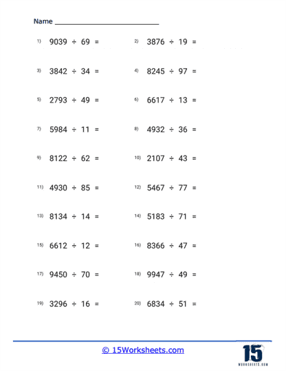 4-digit by 2-digit Division Worksheets - 15 Worksheets.com