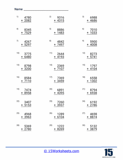 Four Digit Addition Worksheets - 15 Worksheets.com