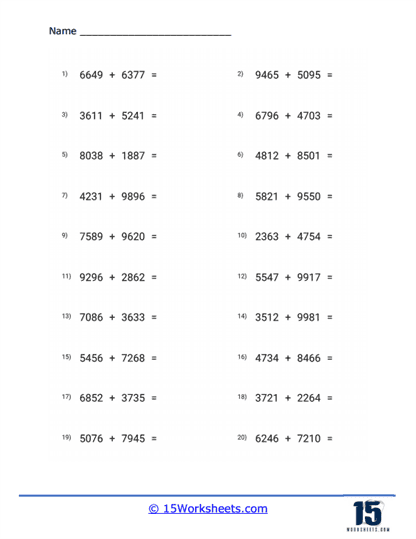 Four Digit Addition Worksheets - 15 Worksheets.com