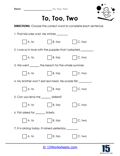 To, Too, Two Worksheets - 15 Worksheets.com