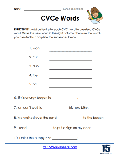 CVCe (Silent e) Worksheets - 15 Worksheets.com