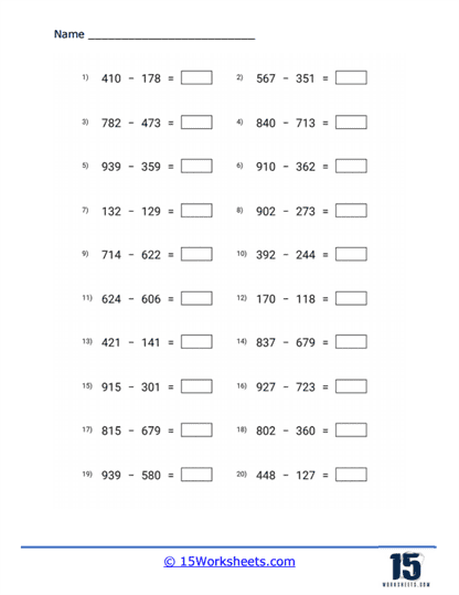 3 Digit Subtraction Worksheets - 15 Worksheets.com