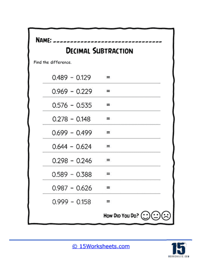Decimal Subtraction Worksheets
