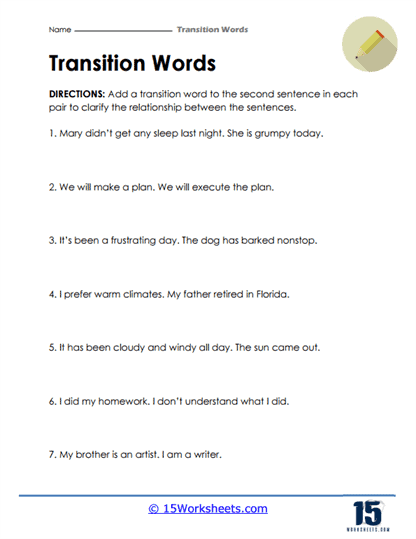 Transition Words Worksheets - 15 Worksheets.com