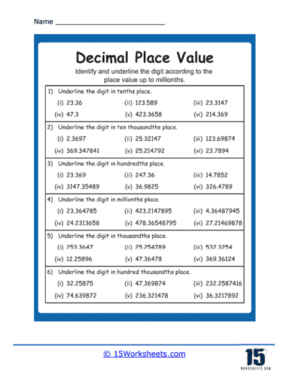 Place Value of Decimals Worksheets - 15 Worksheets.com