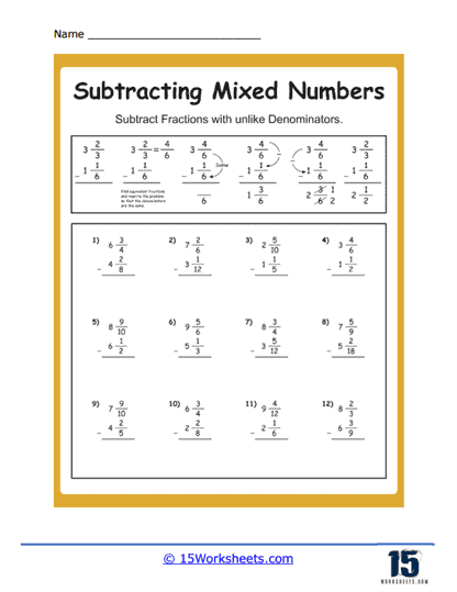 Subtracting Mixed Numbers Worksheets - 15 Worksheets.com