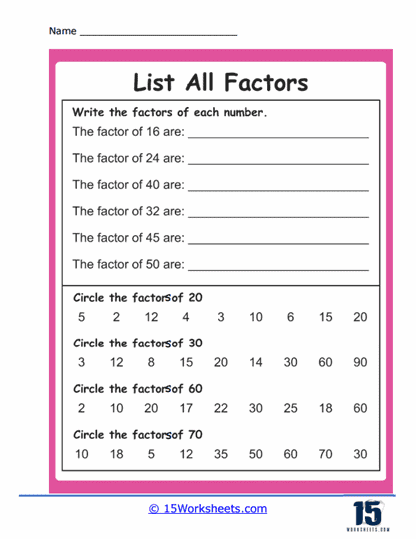 List All Factors Worksheets - 15 Worksheets.com