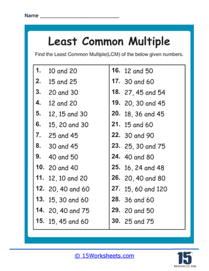 Least Common Multiples Worksheets - 15 Worksheets.com