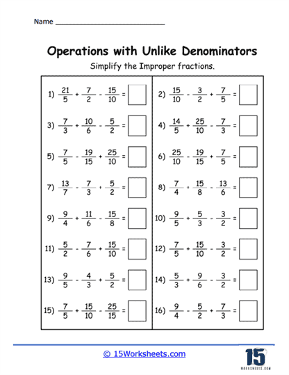 Operations with Unlike Fractions Worksheets - 15 Worksheets.com