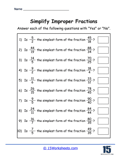 Simplifying Improper Fractions Worksheets - 15 Worksheets.com