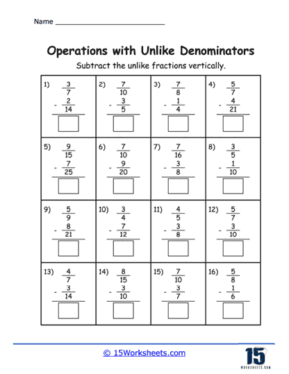 Operations with Unlike Fractions Worksheets - 15 Worksheets.com