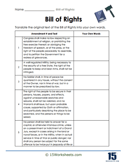 Bill of Rights Worksheets - 15 Worksheets.com