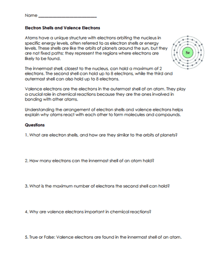 Atoms, Elements, Compounds Worksheets