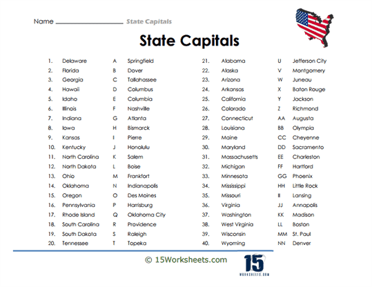 State Capitals Worksheets - 15 Worksheets.com