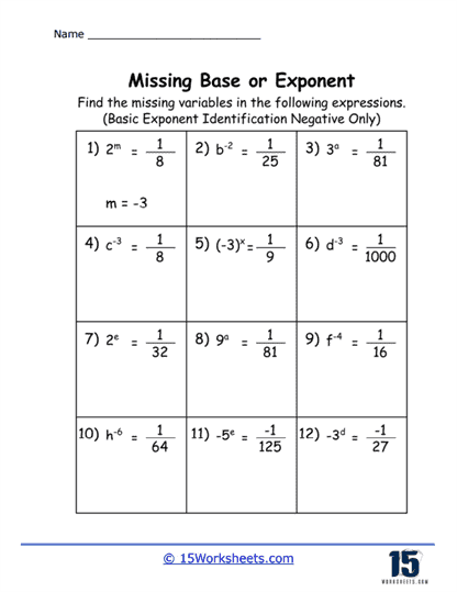 Missing Base or Exponent Worksheets - 15 Worksheets.com