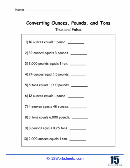 Ounces, Pounds, and Tons Worksheets - 15 Worksheets.com
