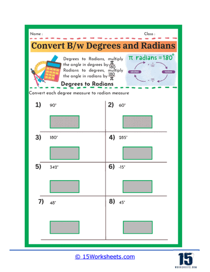 Converting Degrees and Radians Worksheets - 15 Worksheets.com
