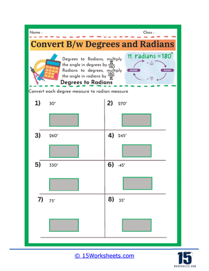 Converting Degrees and Radians Worksheets - 15 Worksheets.com