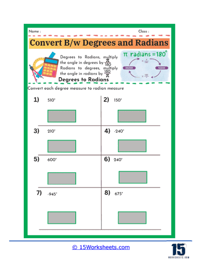 Converting Degrees and Radians Worksheets - 15 Worksheets.com