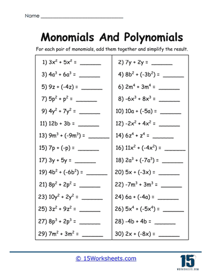 Monomials And Polynomials Worksheets - 15 Worksheets.com