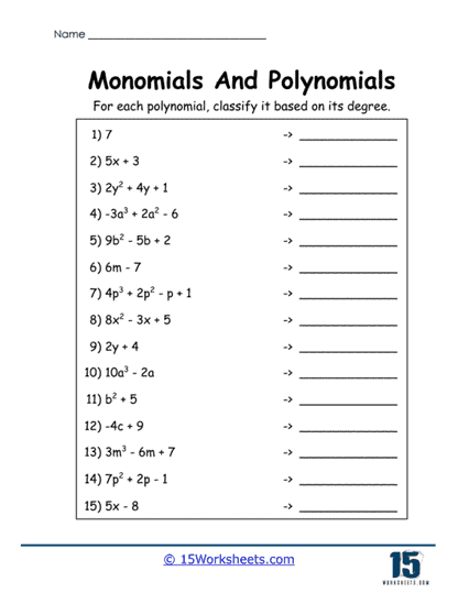 Monomials And Polynomials Worksheets - 15 Worksheets.com